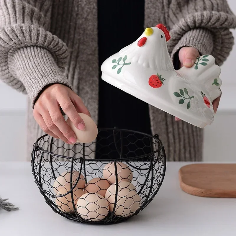 Ящик для хранения, кухонная керамическая корзина для хранения курицы, декоративные аксессуары, керамическая железная корзина для яиц, корзина для фруктов, чеснок, картофель, всякая всячина