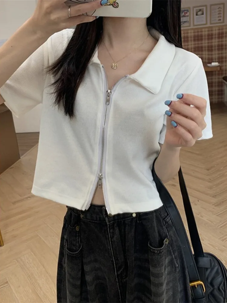 Фото Модная летняя новая женская футболка ort Sve Zipper Design Sweet Cool f Sve ort Sle Small Comfort Top Корейская версия Slim Fit №2