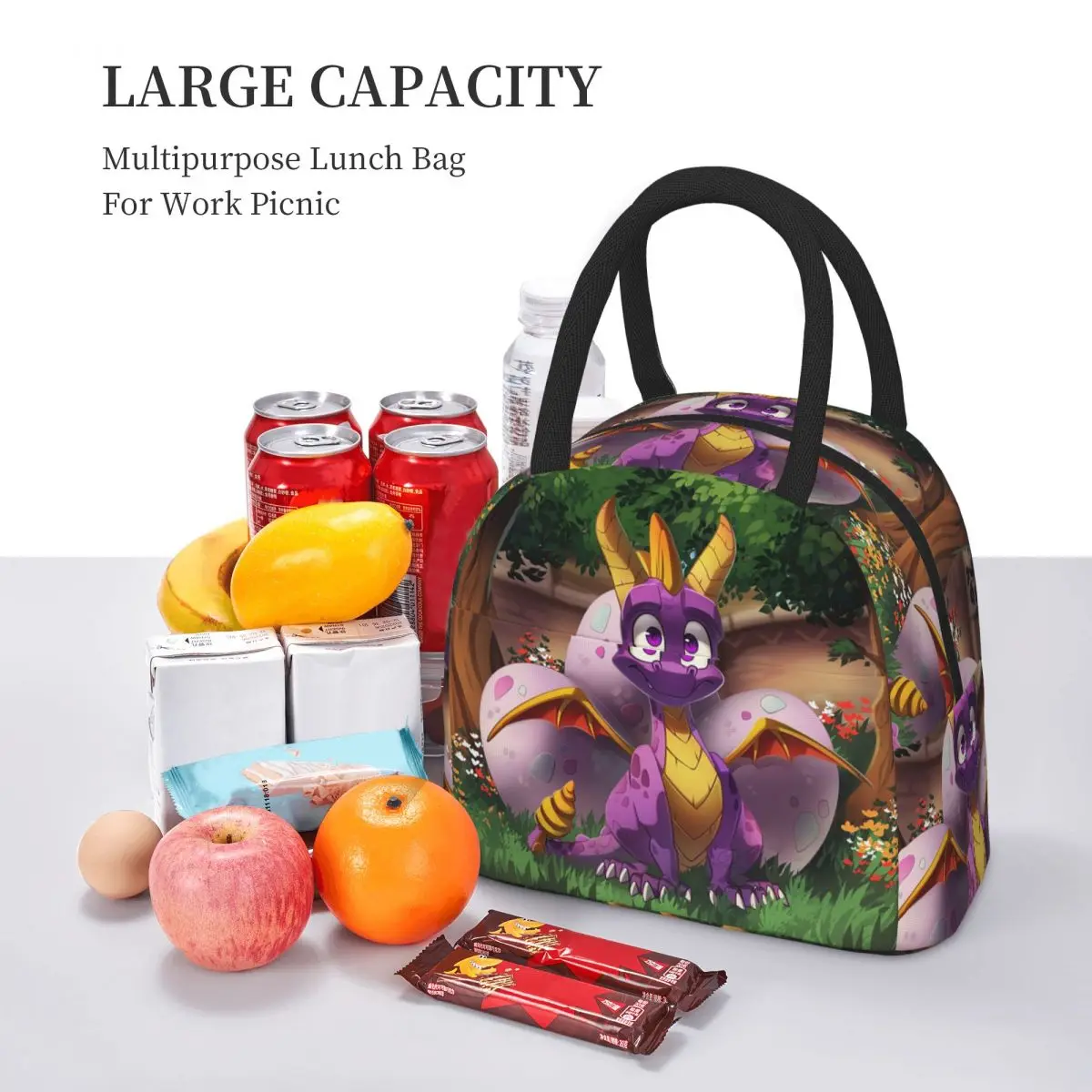 Фото Spyro Pattern (1) Изолированная сумка для обеда для женщин и детей, портативные коробки для еды, термосумка для ланча №5