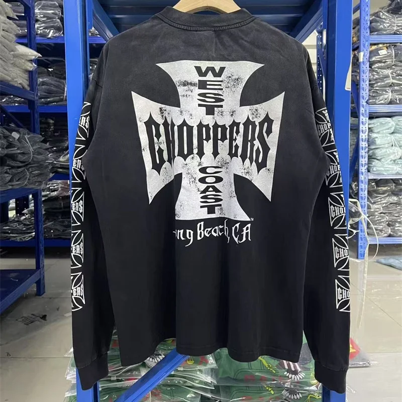 Фото 25FW Мужская и женская футболка с длинным рукавом с рисунком West Coast Choppers, винтажная потертая черная свободная футболка с длинным рукавом, высочайшее качество №2