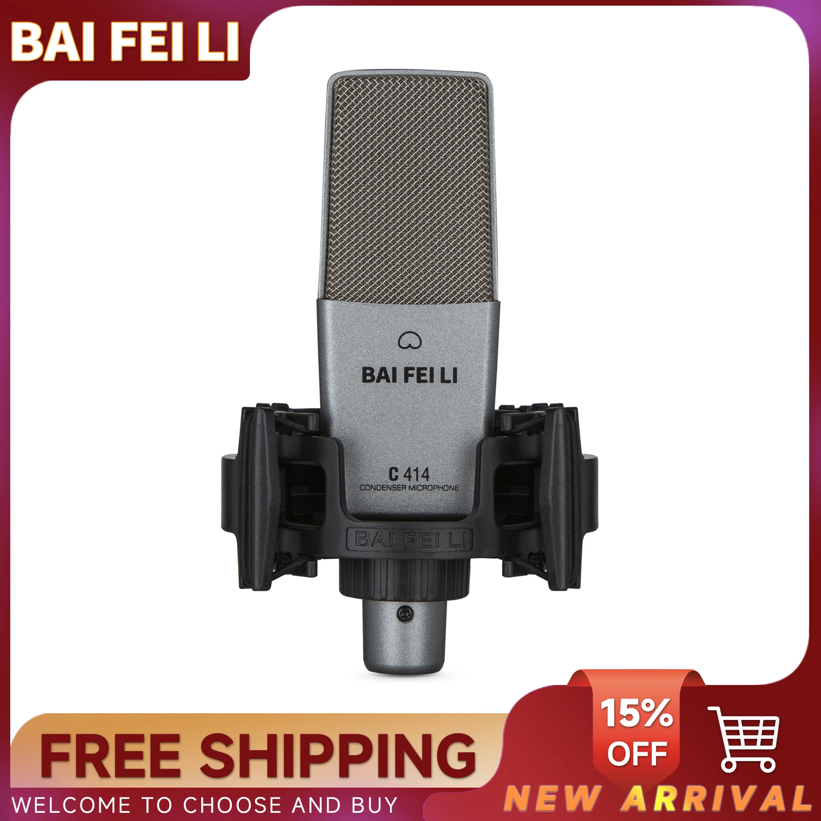 Конденсаторный микрофон BAIFEILI C414 XLR с кардиоидной диафрагмой 16 мм для записи вокала, подкастинга, потоковой передачи