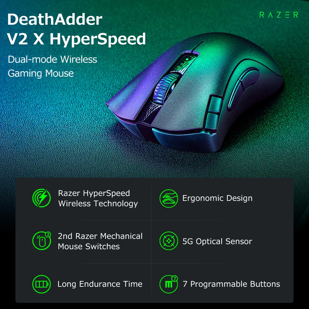 .. Беспроводная игровая мышь DeathAdder V2 X с гиперскоростным двухрежимным оптическим датчиком, 14000DPI, 7 программируемых кнопок (art.: 3920c710b54b9) - 3920c710b54b9