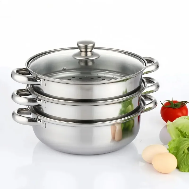 28 см кухонная легко чистящаяся посуда, компактная пароварка с ручками из нержавеющей стали, домашняя 3-уровневая пищевая машина двойного назначения с изоляцией