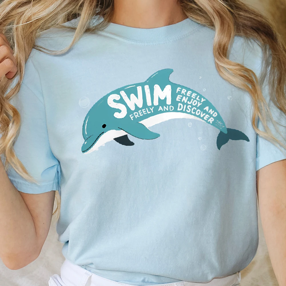Женская одежда Cute Catoon Dophin Swim Freely Enjoy Y2K, хлопковая повседневная футболка с круглым вырезом, футболки с графическим рисунком, уличная одежда, красочные