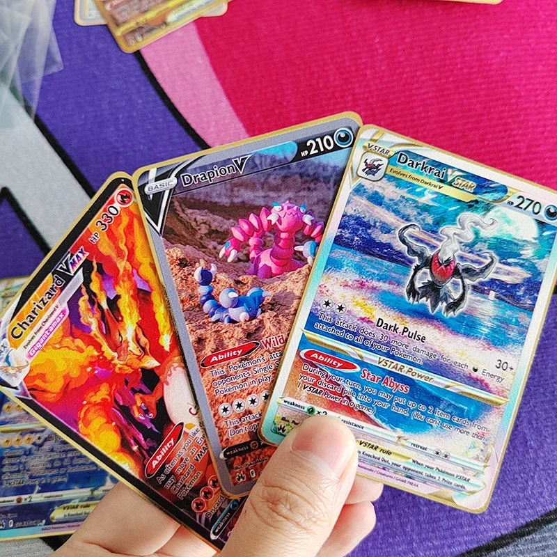 Фото Металлические Карты покемона с золотыми буквами Eevee Charizard Pikachu 2023 Блестящий Железный Покемон GX Vmax EX Game детские игрушки подарок на Рождество №5