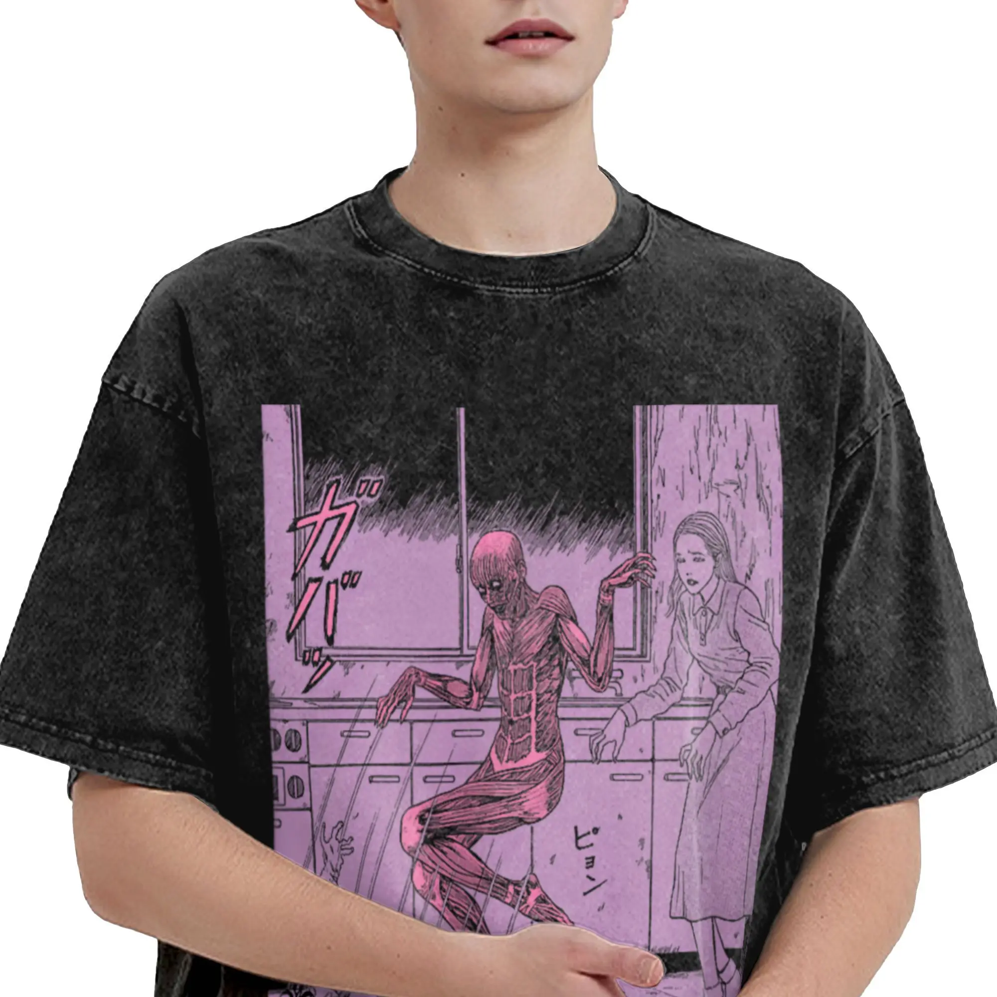 Фото Новинка Junji Ito Jumping Out Of Skin, мужские футболки с круглым вырезом, 100% хлопок, стираная футболка с короткими рукавами, одежда больших размеров №4