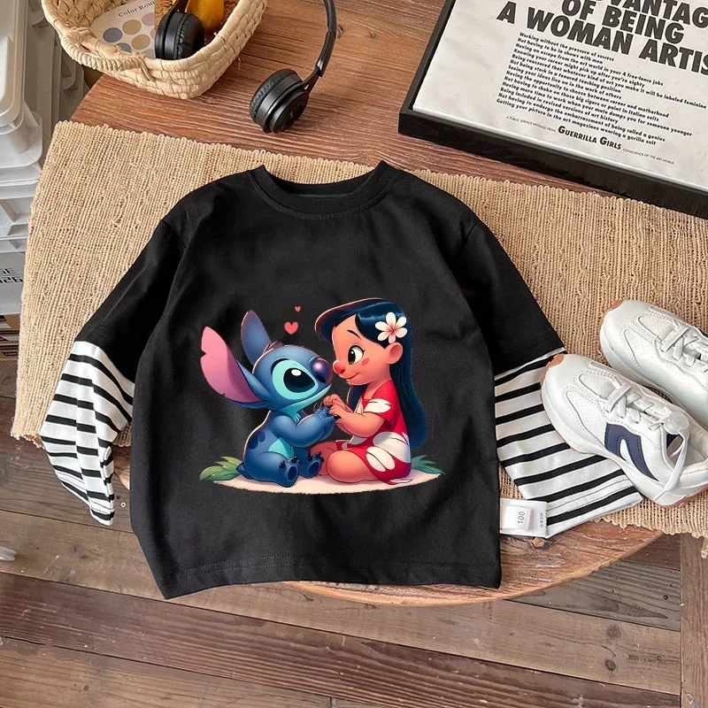 Детская футболка STITCH Disney для мальчиков и девочек, топ с принтом аниме-фигурки Kawaii в полоску, искусственная одежда из двух предметов, детская одежда, подарки