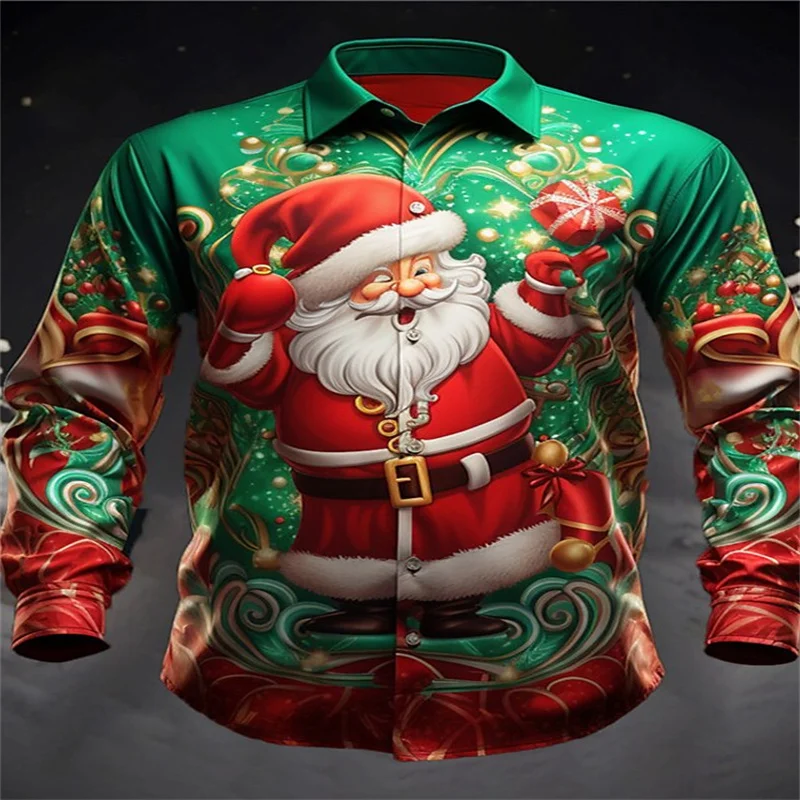 Фото Fashion 2024 Christmas Themed 3D Printed Men's Casual Long Sleeve Shirt Street Wear Party Size Shirt Santa Claus Hot Sale №5