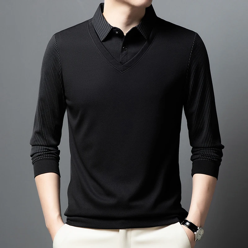 Фото High end brand men's fake two-piece long sleeved T-shirt 2024Spring and Autumn new striped business casual shirt collar pullover №5