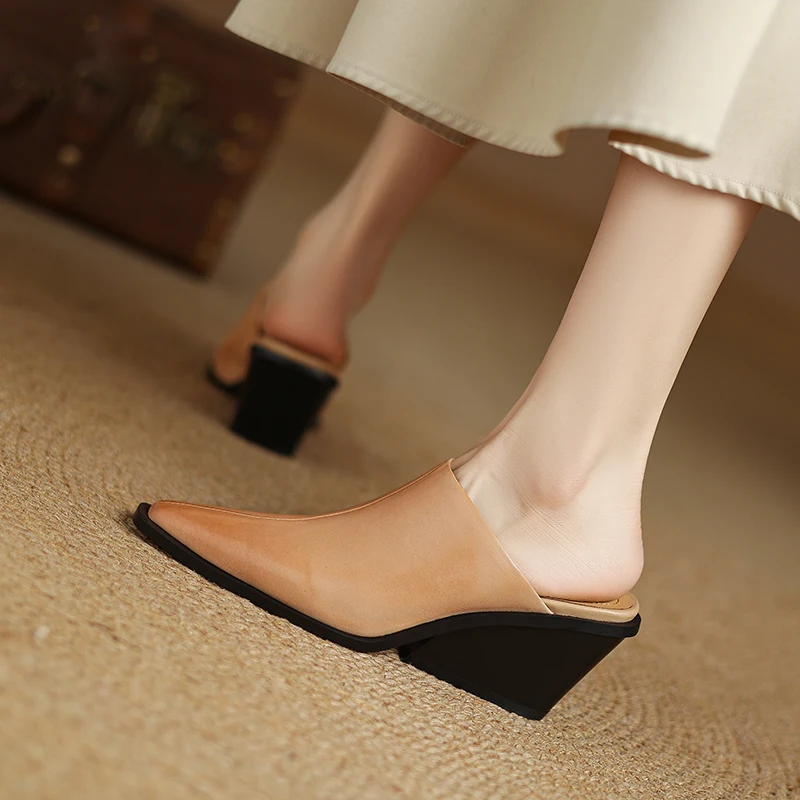 2025 New Summer Women Mules Genuine Leather Women Shoes Pointed Toe Wedges Shoes High Heel Women Sandals Metal Modern Slippers