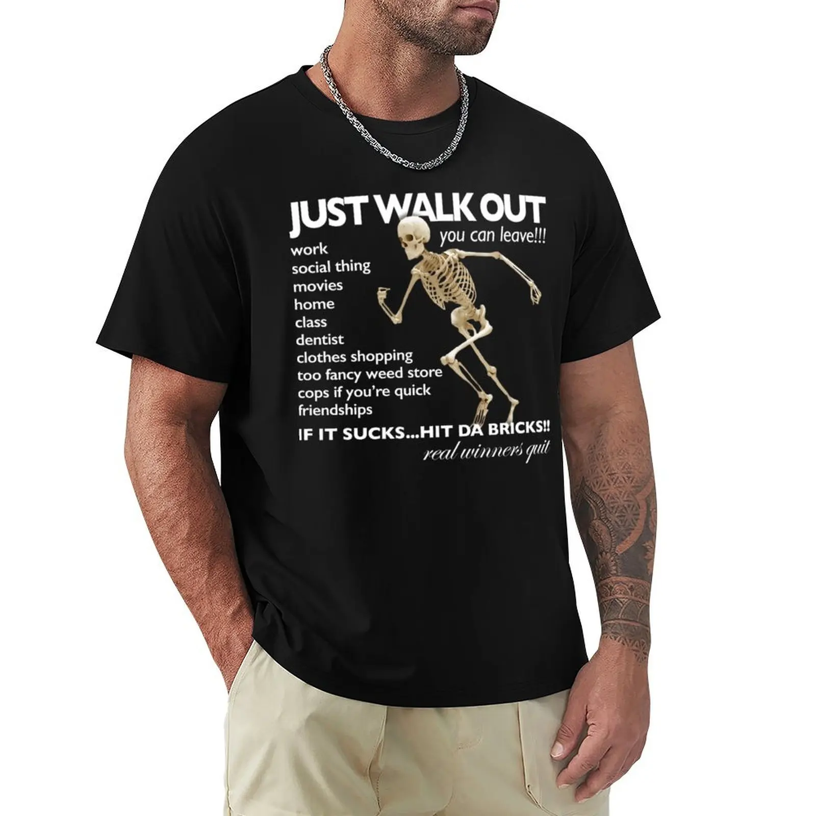 Футболка Just Walk Out You Can Leave Hit Da Bricks Skeleton Meme, летние топы, мужская футболка