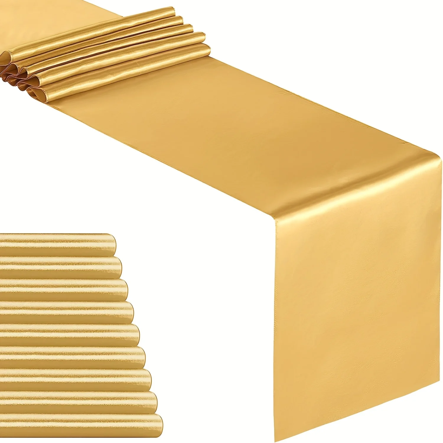 10 Pack Glittering Gold Satin Table Runners - 12x108 Inch Silk-Soft Luxury for Unforgettable Weddings, Parties & Banquets - Effo