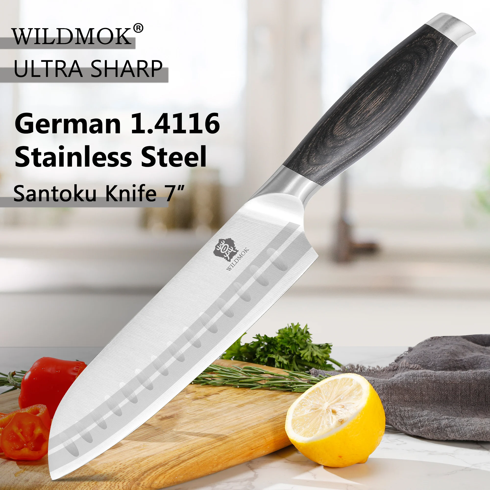 WILDMOK Немецкий 7-дюймовый нож Santoku из нержавеющей стали, ультра острый кухонный разделочный нож с деревянной ручкой Pakka