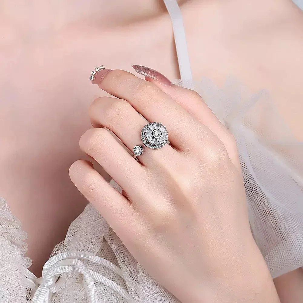 Серебро 925, романтическое вращающееся открытое кольцо с блестящим цирконом и подсолнухом, счастливый шарм, подарок на годовщину ко Дню святого Валентина (art.: 3920d0568eaa8) - 3920d0568eaa8