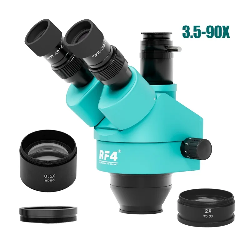 Фото RF4 7-45X 3,5-90X 180X Simul-Focal Trinocular Zoom Стерео Микроскоп Голова Пайка печатной платы мобильного телефона 0,7X Вспомогательная линза Барлоу №5