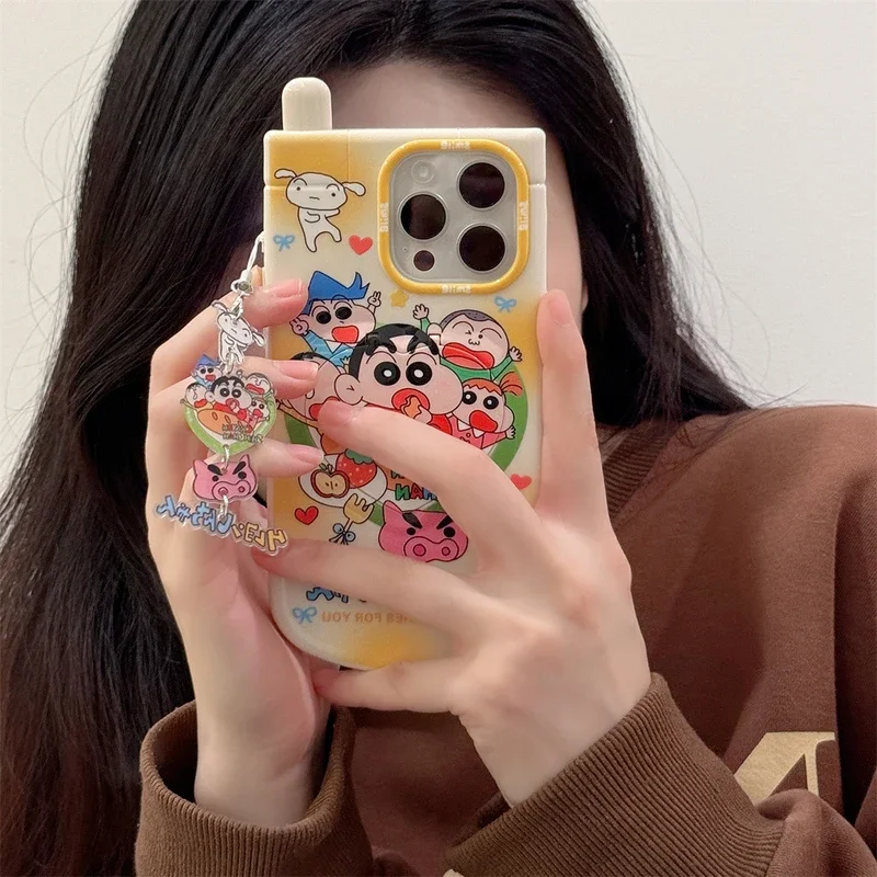 Чехол для телефона Shin-chan с милым мультяшным карандашом для iPhone 16, 15, Pro, 14, 13, 12, 11 Pro Max, чехлы, скрытые зеркала для макияжа, чехол со шнурком