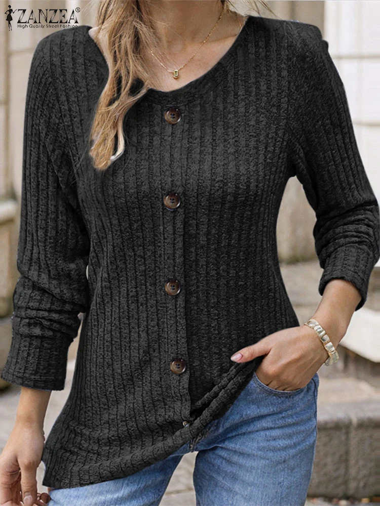 Фото ZANZEA уличная мода Blusas топы трикотажные женские однотонные блузки в рубчик с длинным рукавом и круглым вырезом осень 2024, повседневные футболки №3