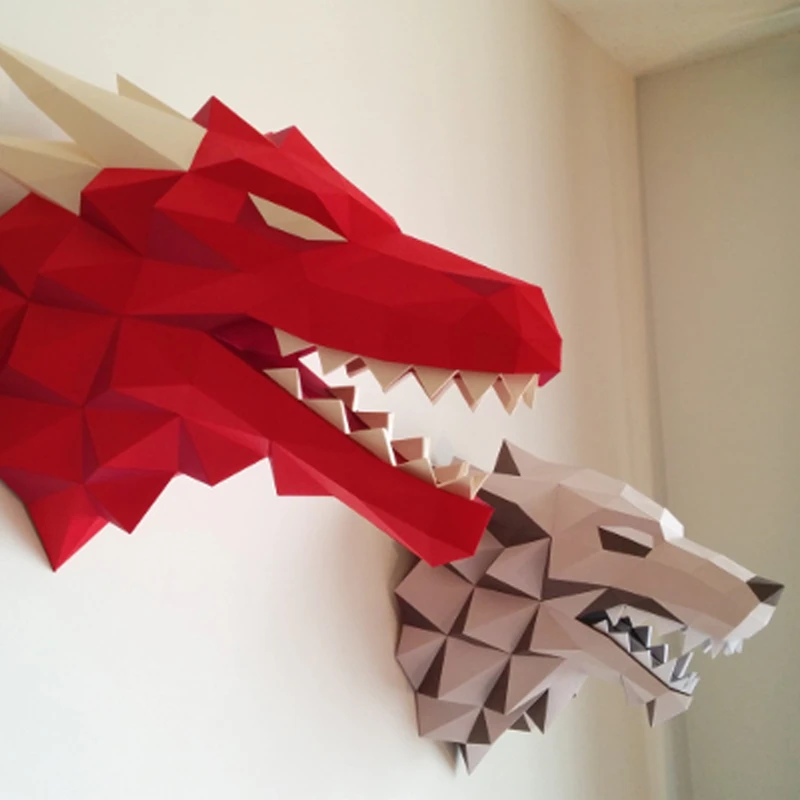 Фото Бумажная модель волка Красная голова дракона 3D Papercraft DIY Ручная работа Художественная скульптура Модель Пазлы Настенные украшения Домашний декор Детские игрушки №4