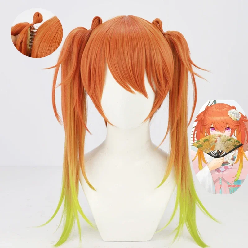 Кимоно Takanashi Kiara, парик для косплея, хвост, волосы Hololive EN Tenchou Phoenix Girls, оранжевый зеленый Idol, Длинные Синтетические волосы