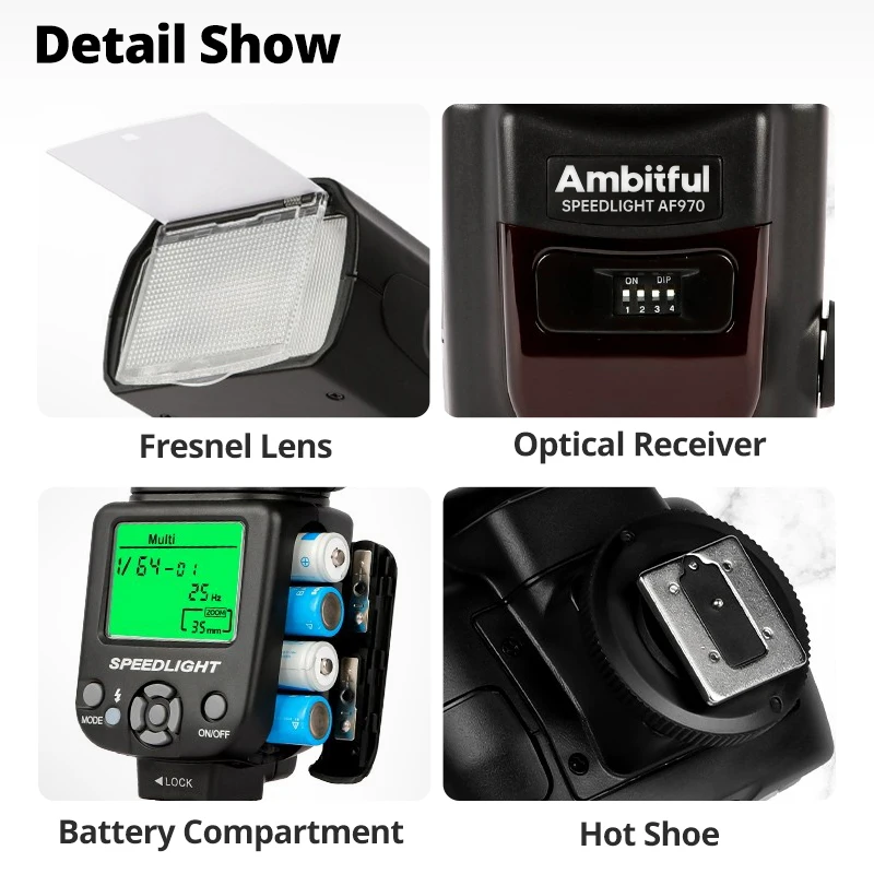 Ambitful AF970 вспышка Speedlight Speedlite универсальная для камеры Fujifilm Olympus Nikon Canon 650D 550D 450D 60D 7D 5D (art.: 3920ca8b68254) - 3920ca8b68254