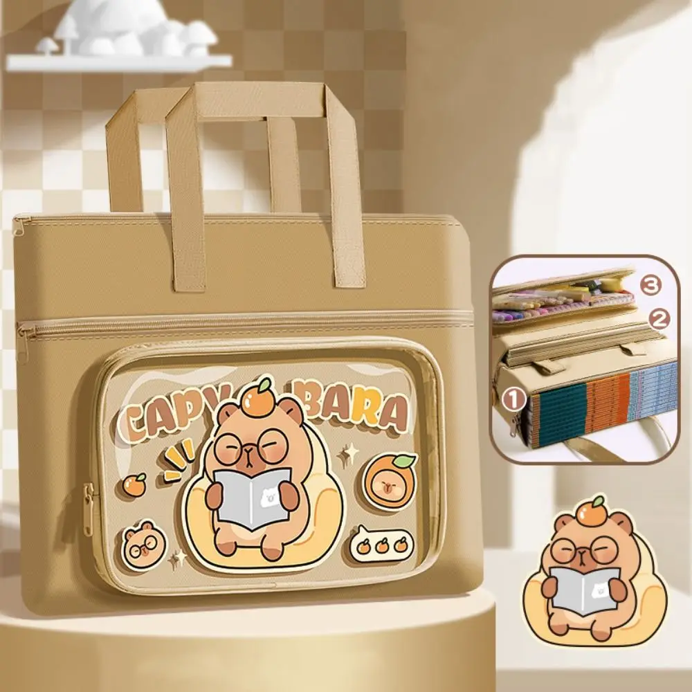 Фото Kawaii Capybara Tote школьная сумка мультяшная парусиновая многослойная сумка-органайзер для файлов портативная милая сумка для файлов с пандой a4 обратно в школу №2
