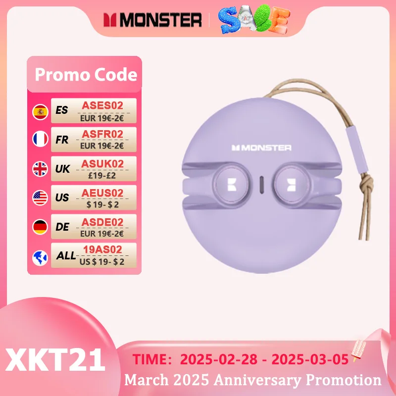 Monster XKT21 стереонаушники с объемным звуком, беспроводная Bluetooth V5.3, гарнитура, HD-вызов, сенсорное управление, игровые наушники