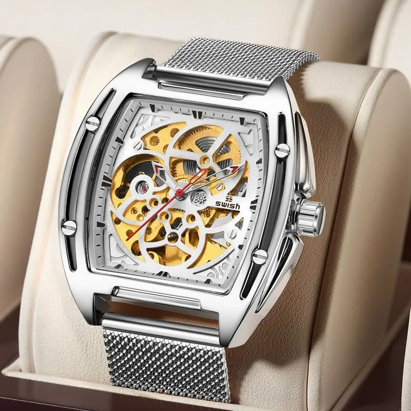 Часы наручные SWISH Tourbillion Мужские механические, квадратные золотистые Роскошные военные с сетчатым ремешком и автоподзаводом