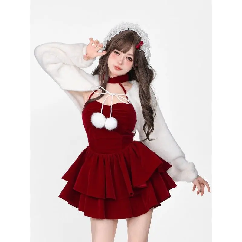Kawaii Sweet Lolita комплект из двух предметов для женщин 2024 корейский стиль белая шаль Топы милое искусственное мини-платье японский Y2k красный Рождественский Костюм