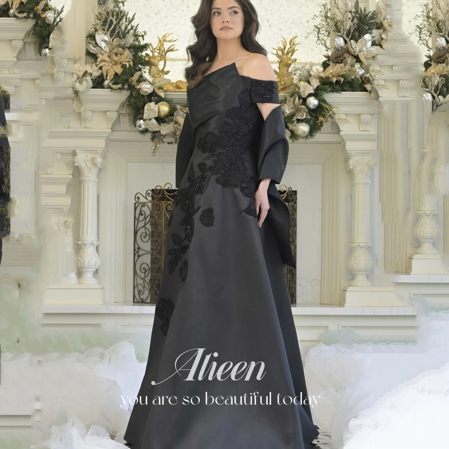 Aileen 3D Flowers Роскошные вечерние платья 2025 Luxury Satin Vestidos De Festa по индивидуальному заказу فساتين سهرة Черное женское вечернее платье Всё для свадеб и торжеств