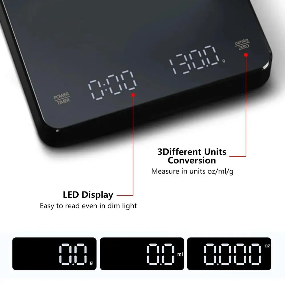 Электронные весы для кофе с таймером, светодиодный экран, USB 3 кг, 0,1 гунциямл, высокоточные измерения, светодиодный автоматический таймер, умные кухонные весы (art.: 3920caf34cacb) - 3920caf34cacb