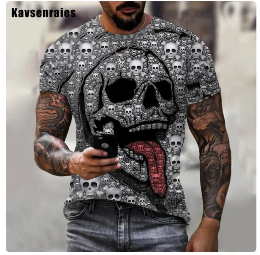 Фото Kaus 3D мотив tengkorak warna-warni Pria Wanita, kaos Harajuku kasual ukuran besar pendek leher O 6XL Новинка №3