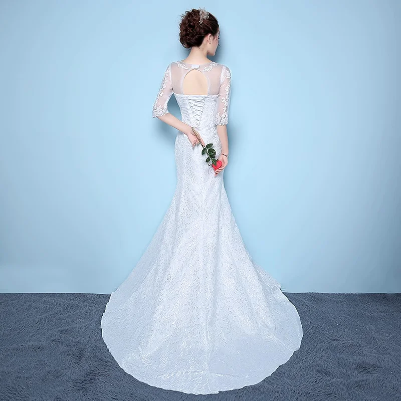 Фото XXN-058TW # Платье с круглым вырезом и рыбьим хвостом, новинка 2025, дворец невесты, утягивающее свадебное платье, длинное с коротким рукавом, кружево, дешевая оптовая продажа, Китай №4