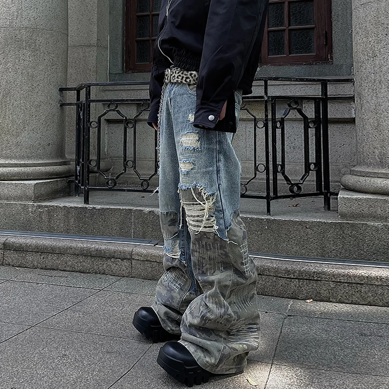 Фото PFNW American High Street Design Camouflage Splicing Destruction Jeans Men's Loose Causal StraightWide Leg Pants Tide 12C1809 №3