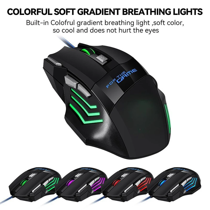 Проводная игровая USB-мышь с RGB-подсветкой, эргономичная игровая мышь, 2400 точек на дюйм, регулируемая, 7 клавиш, 7 цветов для ноутбуков, ноутбуков, настольных принадлежностей