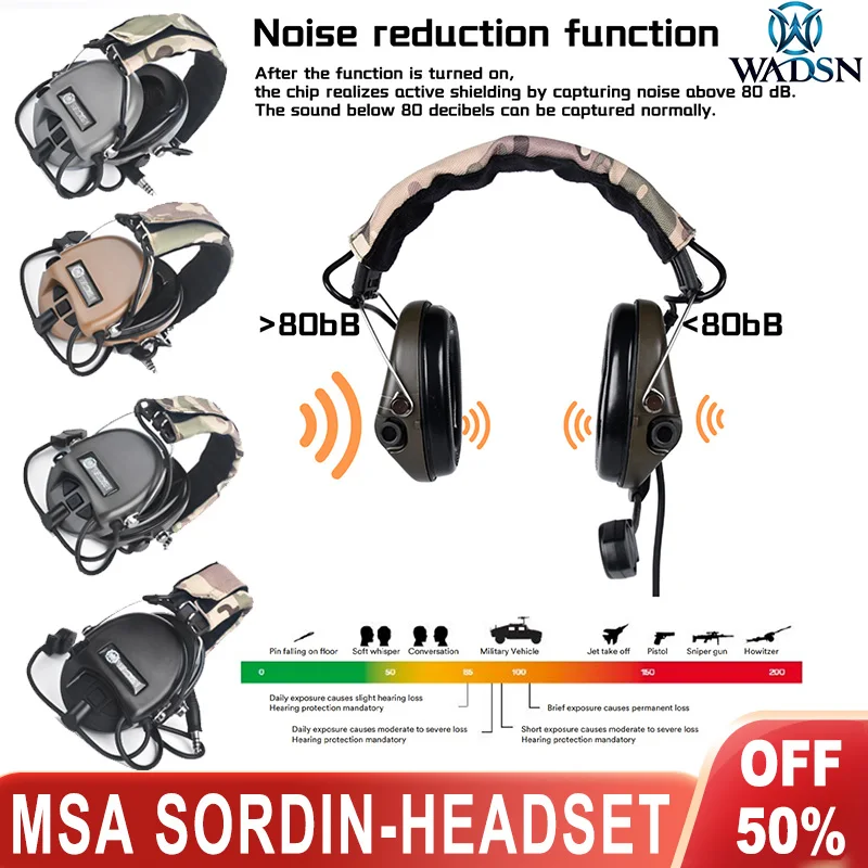 WADSN MSA, тактическая гарнитура, Sordin, наушники с активным звукоснимателем, шумоподавление, страйкбол, для охоты, для улицы, коммуникативная гарнитура