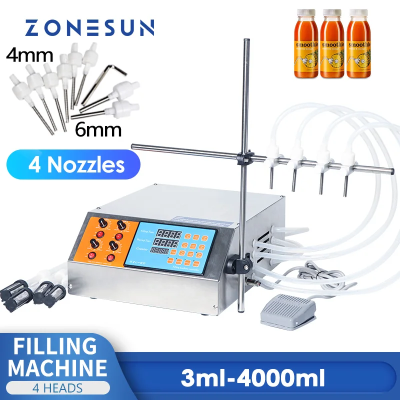 Машина для розлива жидкости ZONESUN с 4 головками, 3-4000 мл, для водяного сока, эфирных масел, духов, электрическая, с цифровым управлением
