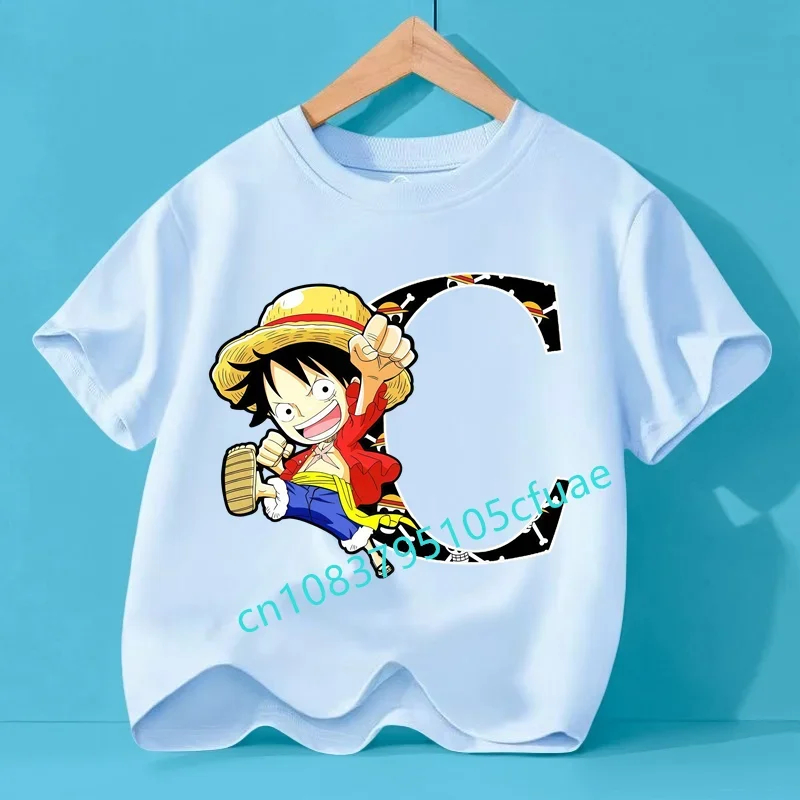 ONE PIECE Letter A-Z Unisex T Shirt Perempuan Anime Graphic Kids Tee Short-sleeved Boys Girls Top Birthday Gift Japanese Anime