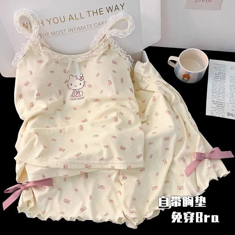Фото Пижамный комплект Sanrio Hello Kitty Kawaii Пижамный комплект из 2 предметов Домашняя одежда Шорты на слинге Кружева Милая летняя нагрудная подушка Жилет Домашняя одежда №3