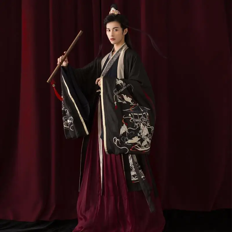 Черное мужское платье Hanfu с вышивкой и широким рукавом в китайском стиле для студентов, повседневная одежда для выступлений, традиционное китайское платье