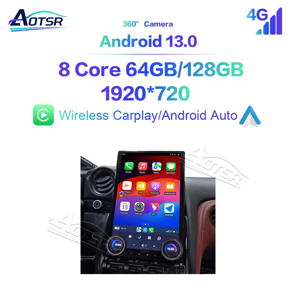 14,5-дюймовый автомобильный радиоприемник CarPlay Android 13 для Nissan GTR 2007-2023, мультимедийный плеер с сенсорным экраном, GPS-навигация, автомобильные аксессуары BT