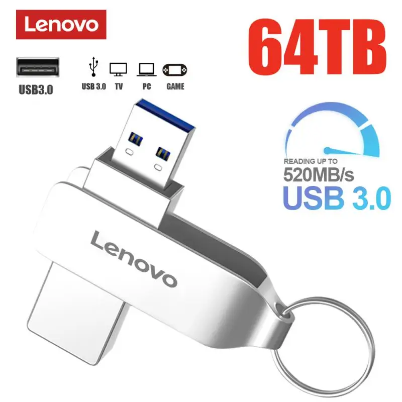 Оригинальный флеш-накопитель Lenovo 64 ТБ USB 3,0, 32 ТБ, металлическая карта памяти с реальным объемом, высокоскоростная флэш-память, черная Подарочная память, U-диск