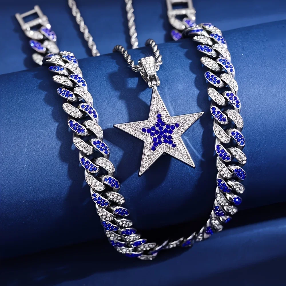 3pcs Sparkling Dazzling Pendant Necklaces - Imitation Diamond Studs, Astral Glamour Star Decor, Bold Hip-hop Cuban Chains