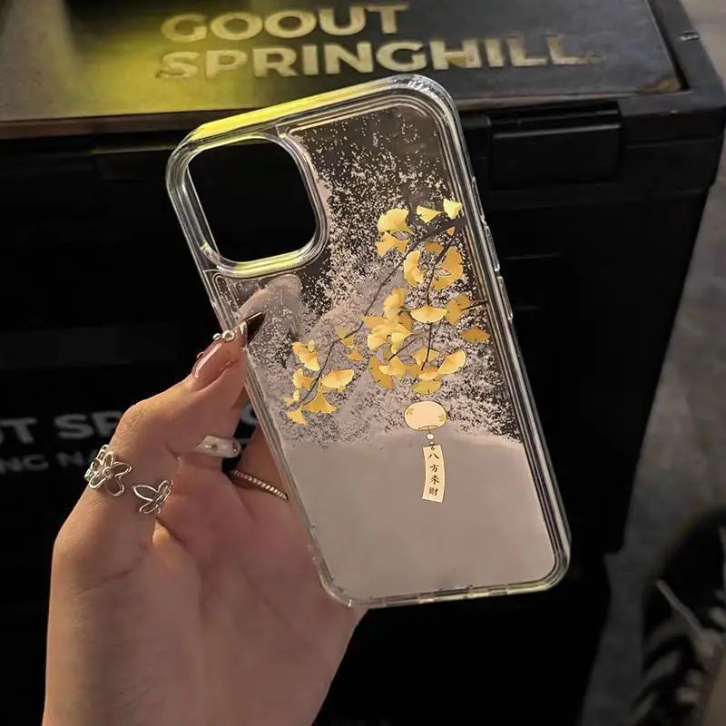 Фото Чехол для телефона для iPhone 16, 15, 14, 13, 12, 11 Pro Max Plus INS в китайском стиле с принтом гинкго, снежным зыбучим песком, прозрачный защитный чехол №4