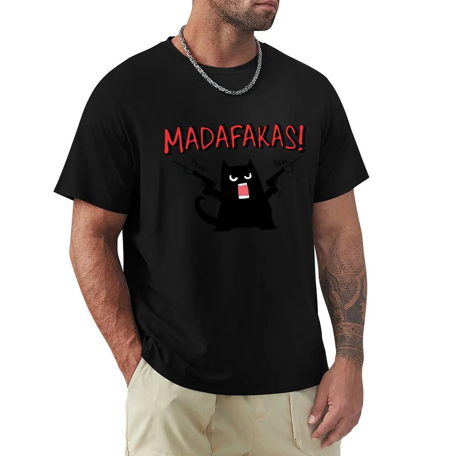 Pew Pew MADAFAKAS! Футболка с котом, футболки большого размера, мужская винтажная рубашка с аниме, футболка большого размера с рисунком, милая одежда, мужская футболка