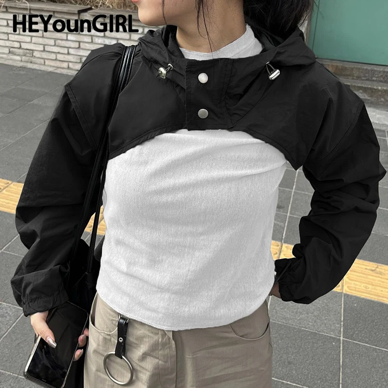Женская короткая куртка HEYounGIRL с высоким воротником и капюшоном, хип-хоп, уличная одежда в стиле панк, с длинным рукавом, в стиле рок, укороченная футболка, гранж