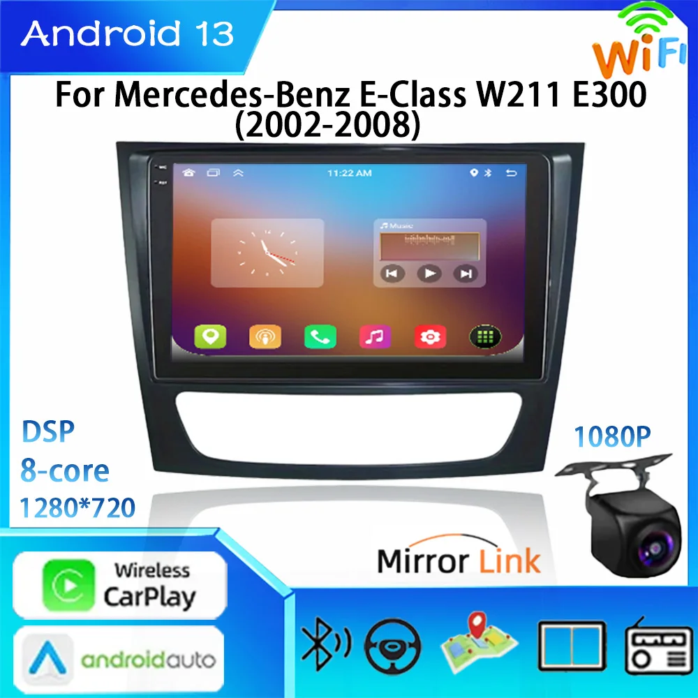 2Din Android 13 Auto Magneto 9-дюймовый 6 + 128G для Mercedes Benz E-класса W211 E200 E220 E300 E350 E240 E270 E280 W219 Carp...
