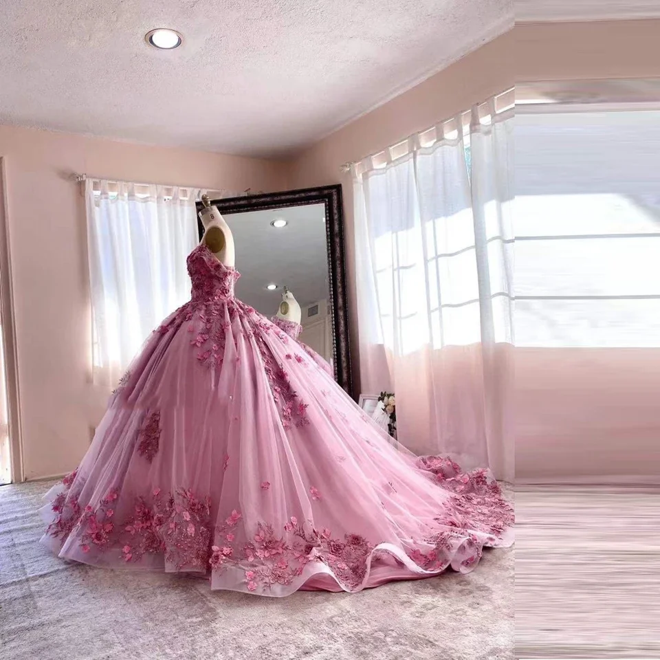 Розовые бальные платья, фатиновые платья Quinceanera, кружевные аппликации, милые цветы, выпускной, элегантная принцесса 15, Ballkleider 2024 (art.: 3920cc0b4a5ef) - 3920cc0b4a5ef