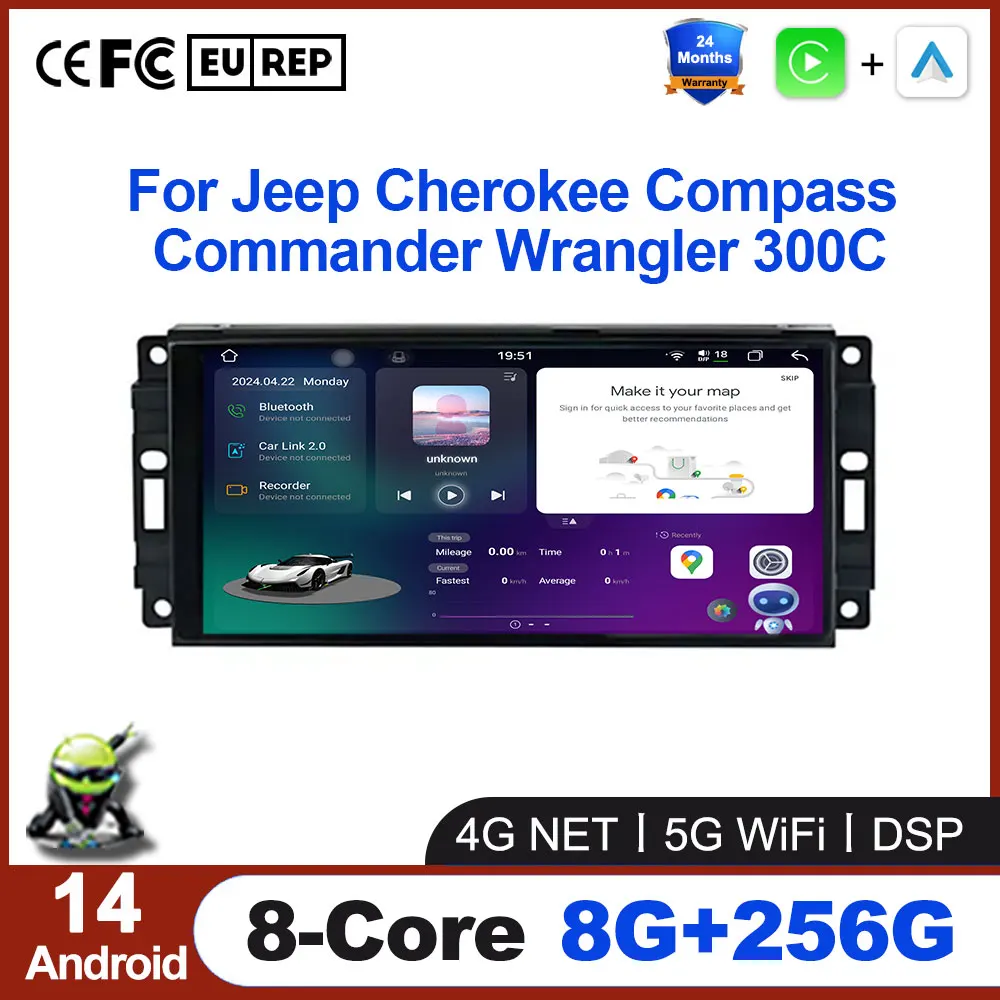 Автомобильный Android 14 для Jeep Cherokee Compass Commander Wrangler 300C Caliber Liberty 2008 - 2011 радио стерео Мультимедиа