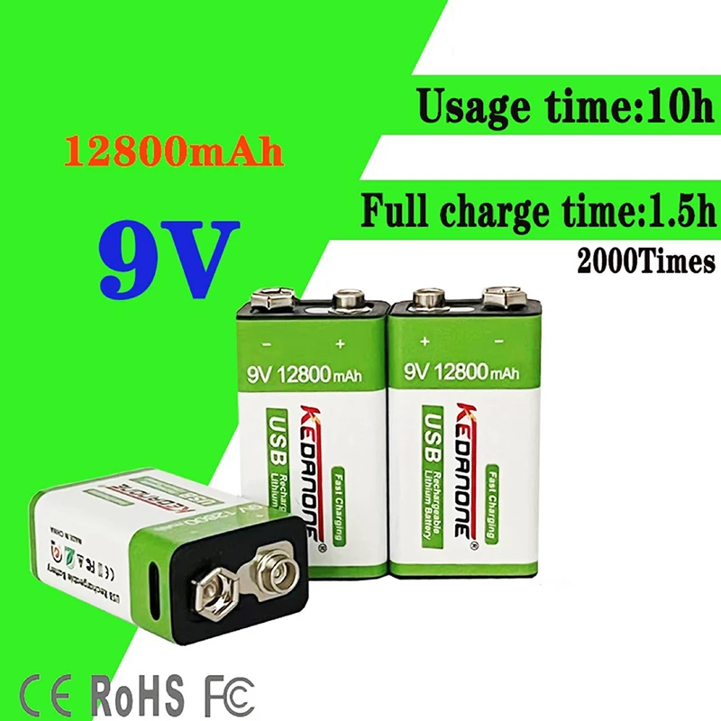 Аккумуляторная батарея 6F22, 12800 мАч, 9 В, Micro USB