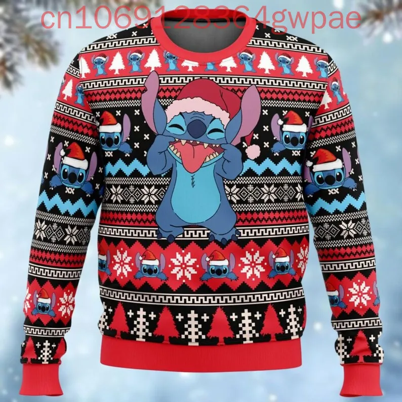 Фото Рождественский уродливый свитер Disney Stitch для мужчин и женщин, персонализированная шляпа Санта-Клауса с вышивкой, мультяшное рождественское волшебное королевство, веселый №3